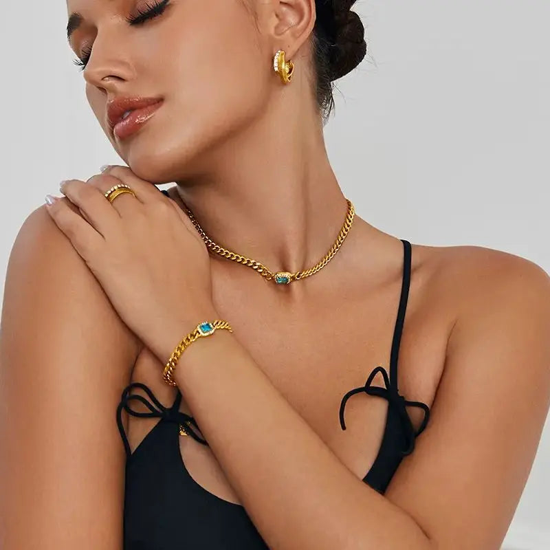 Maribel Cubic Zirconia Chunky Cuban Chain Necklace & Bracelet Jewelry For Women Stainless Steel Accessories