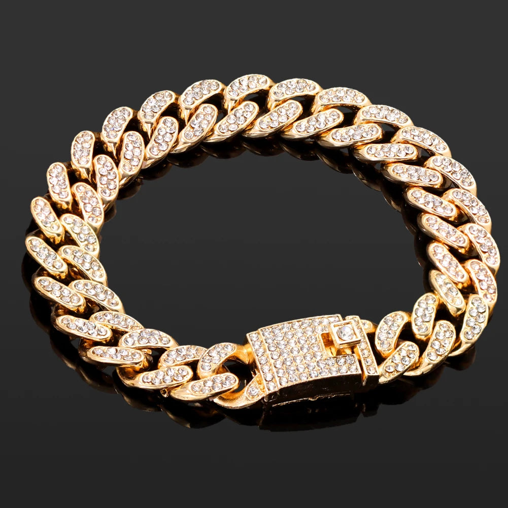 Iced Out Pink Cuban Bracelet for Women Hip Hop Gold Silver Color Crystal Heart Circle Square Bracelet 4Pcs Set Jewelry Gift