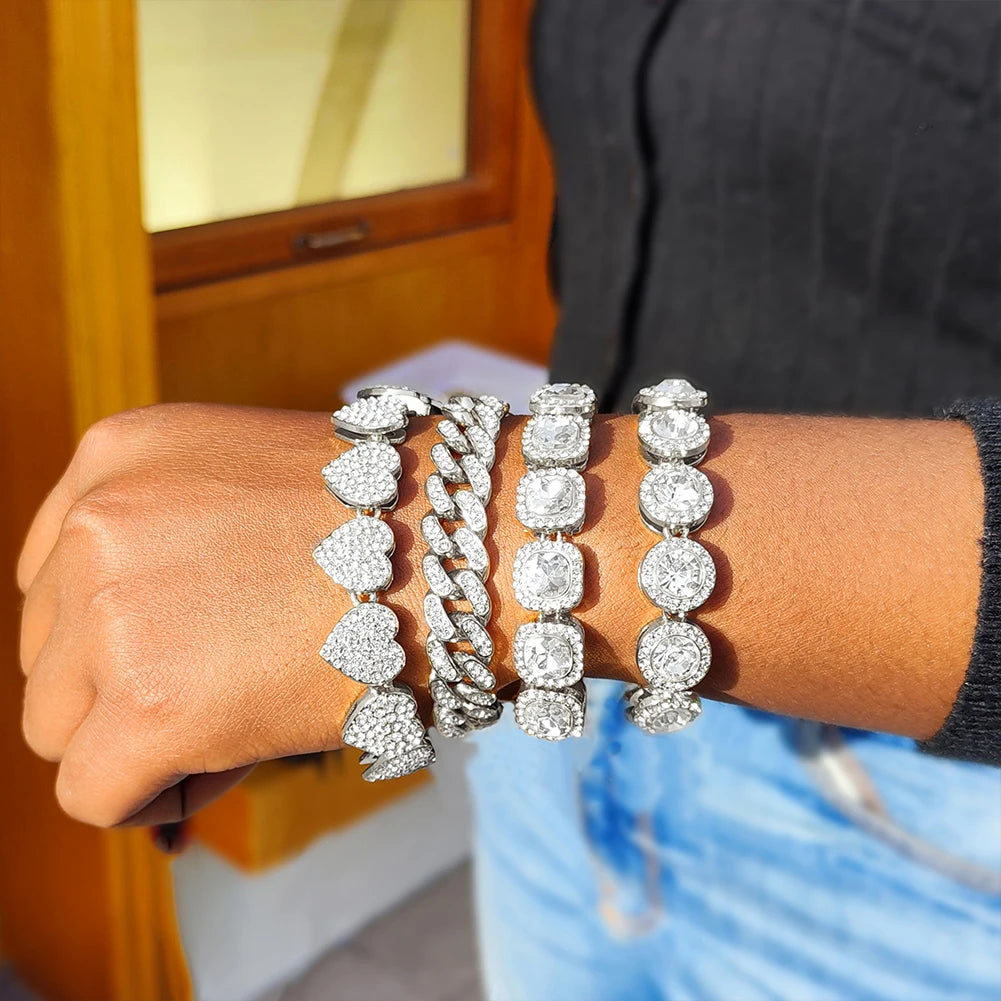 Iced Out Pink Cuban Bracelet for Women Hip Hop Gold Silver Color Crystal Heart Circle Square Bracelet 4Pcs Set Jewelry Gift