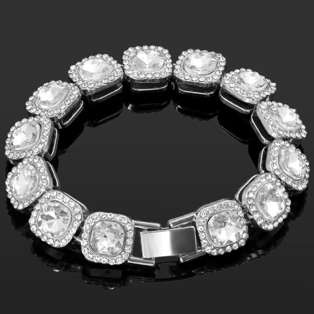 Iced Out Pink Cuban Bracelet for Women Hip Hop Gold Silver Color Crystal Heart Circle Square Bracelet 4Pcs Set Jewelry Gift