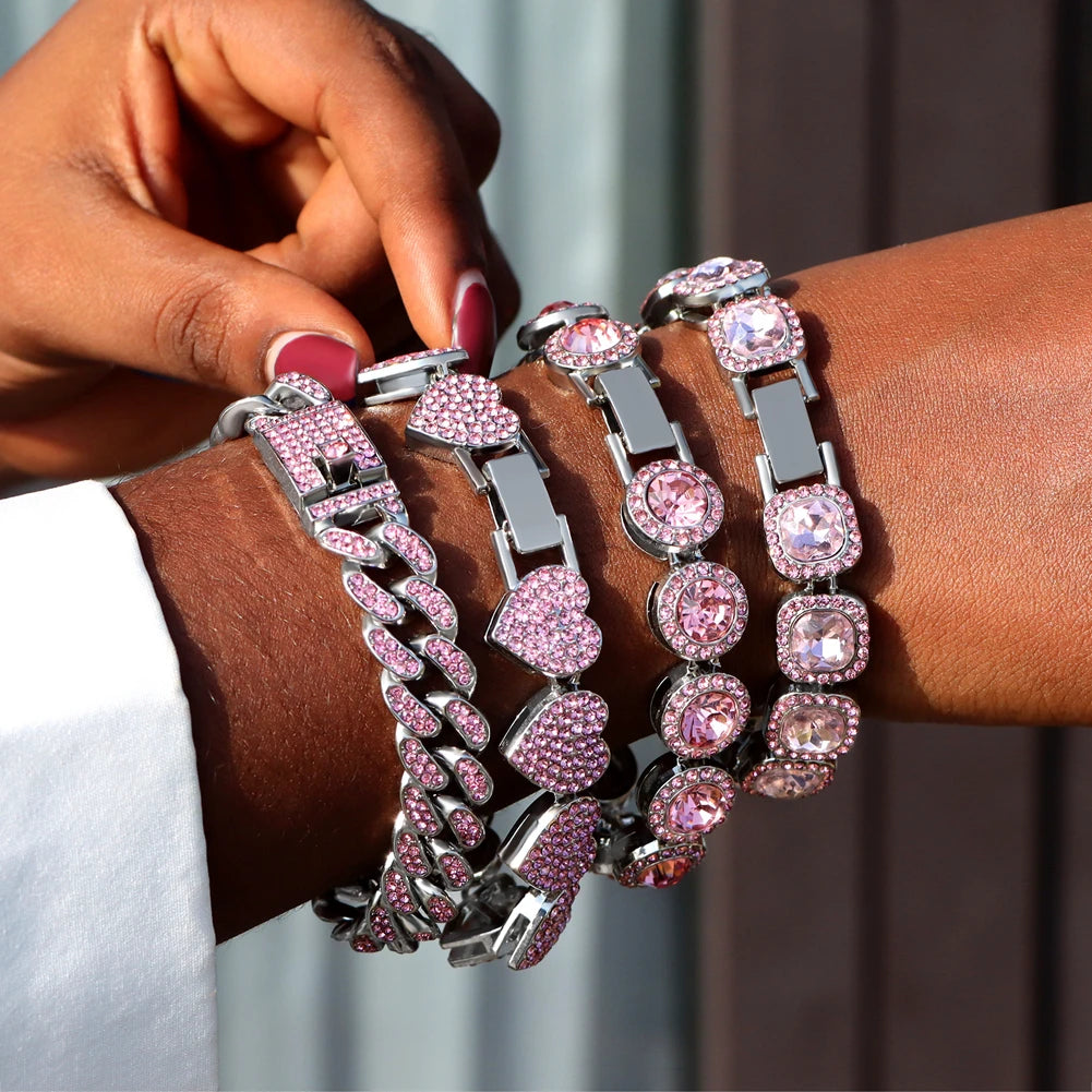 Iced Out Pink Cuban Bracelet for Women Hip Hop Gold Silver Color Crystal Heart Circle Square Bracelet 4Pcs Set Jewelry Gift