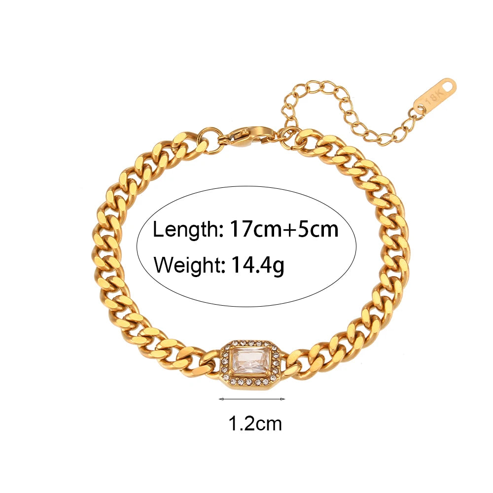 Maribel Cubic Zirconia Chunky Cuban Chain Necklace & Bracelet Jewelry For Women Stainless Steel Accessories