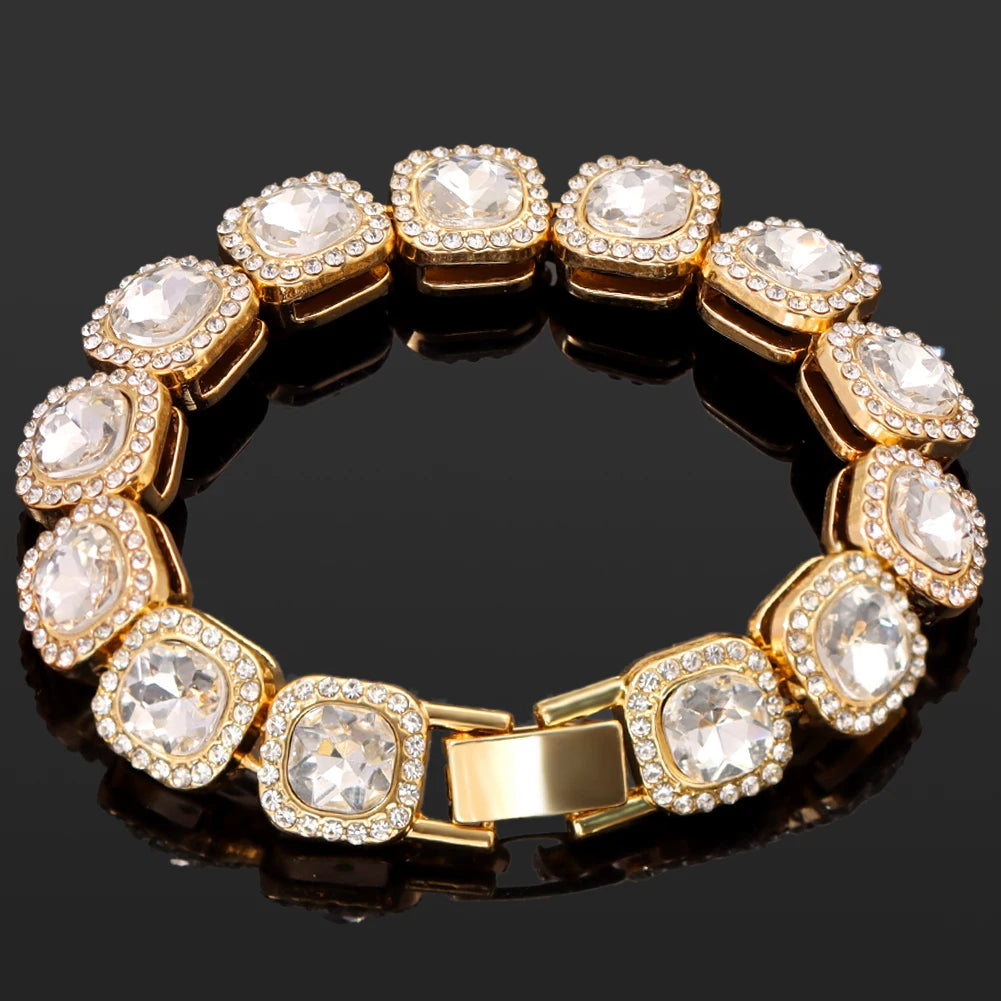 Iced Out Pink Cuban Bracelet for Women Hip Hop Gold Silver Color Crystal Heart Circle Square Bracelet 4Pcs Set Jewelry Gift