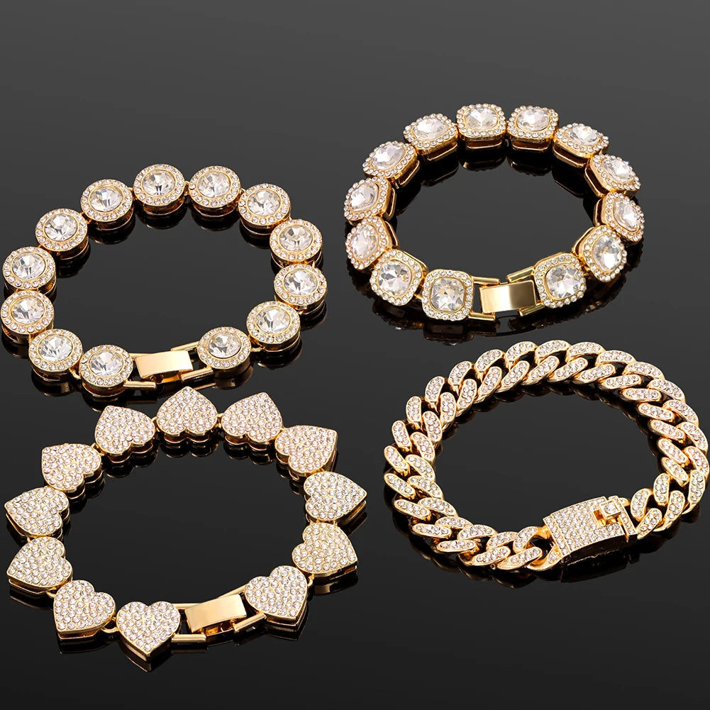 Iced Out Pink Cuban Bracelet for Women Hip Hop Gold Silver Color Crystal Heart Circle Square Bracelet 4Pcs Set Jewelry Gift