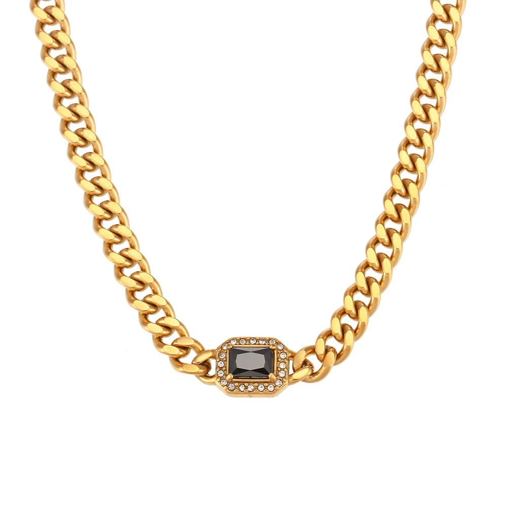 Maribel Cubic Zirconia Chunky Cuban Chain Necklace & Bracelet Jewelry For Women Stainless Steel Accessories