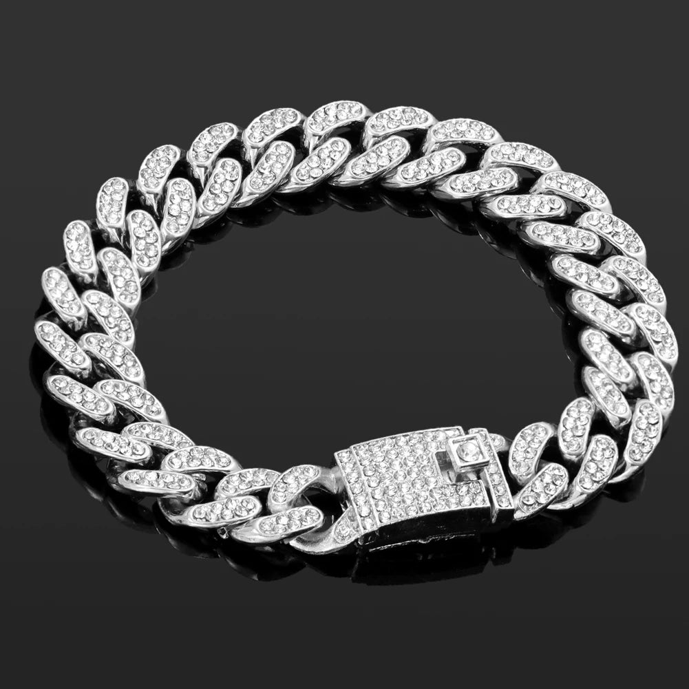 Iced Out Pink Cuban Bracelet for Women Hip Hop Gold Silver Color Crystal Heart Circle Square Bracelet 4Pcs Set Jewelry Gift
