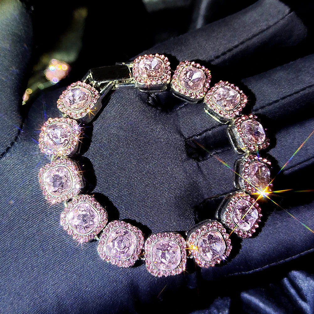 Iced Out Pink Cuban Bracelet for Women Hip Hop Gold Silver Color Crystal Heart Circle Square Bracelet 4Pcs Set Jewelry Gift