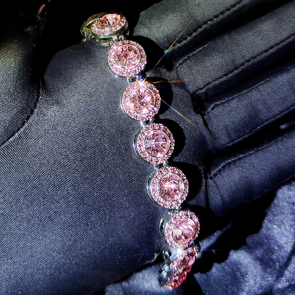 Iced Out Pink Cuban Bracelet for Women Hip Hop Gold Silver Color Crystal Heart Circle Square Bracelet 4Pcs Set Jewelry Gift