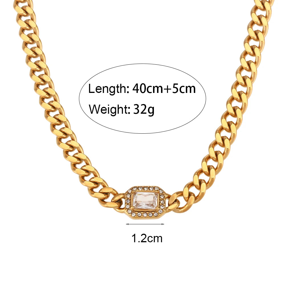 Maribel Cubic Zirconia Chunky Cuban Chain Necklace & Bracelet Jewelry For Women Stainless Steel Accessories