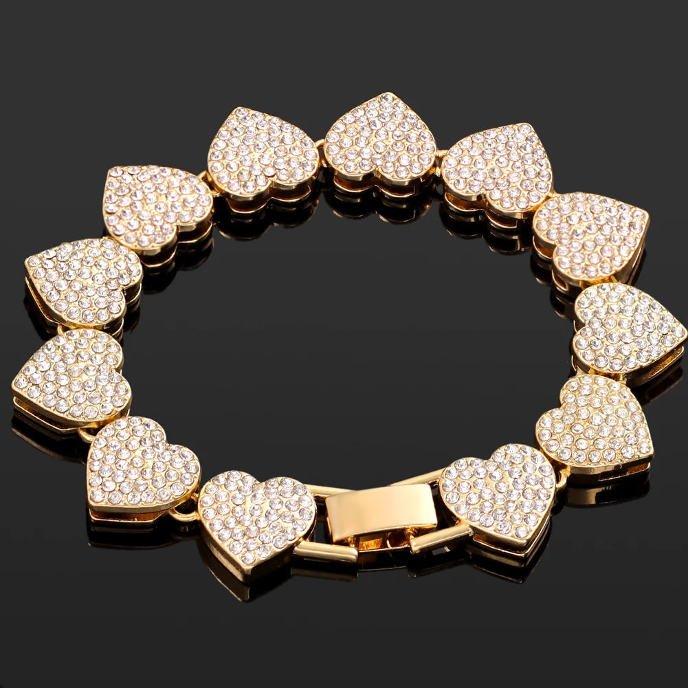 Iced Out Pink Cuban Bracelet for Women Hip Hop Gold Silver Color Crystal Heart Circle Square Bracelet 4Pcs Set Jewelry Gift