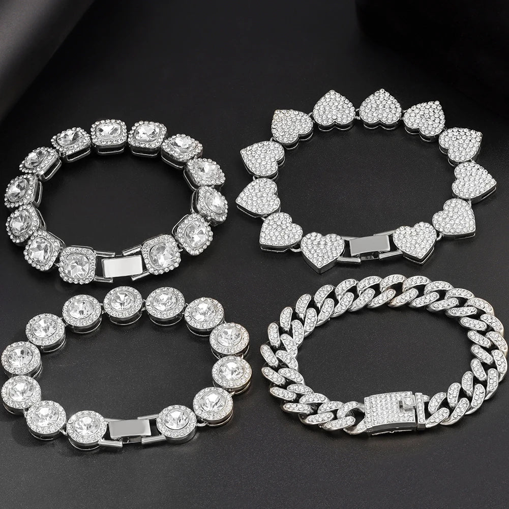 Iced Out Pink Cuban Bracelet for Women Hip Hop Gold Silver Color Crystal Heart Circle Square Bracelet 4Pcs Set Jewelry Gift