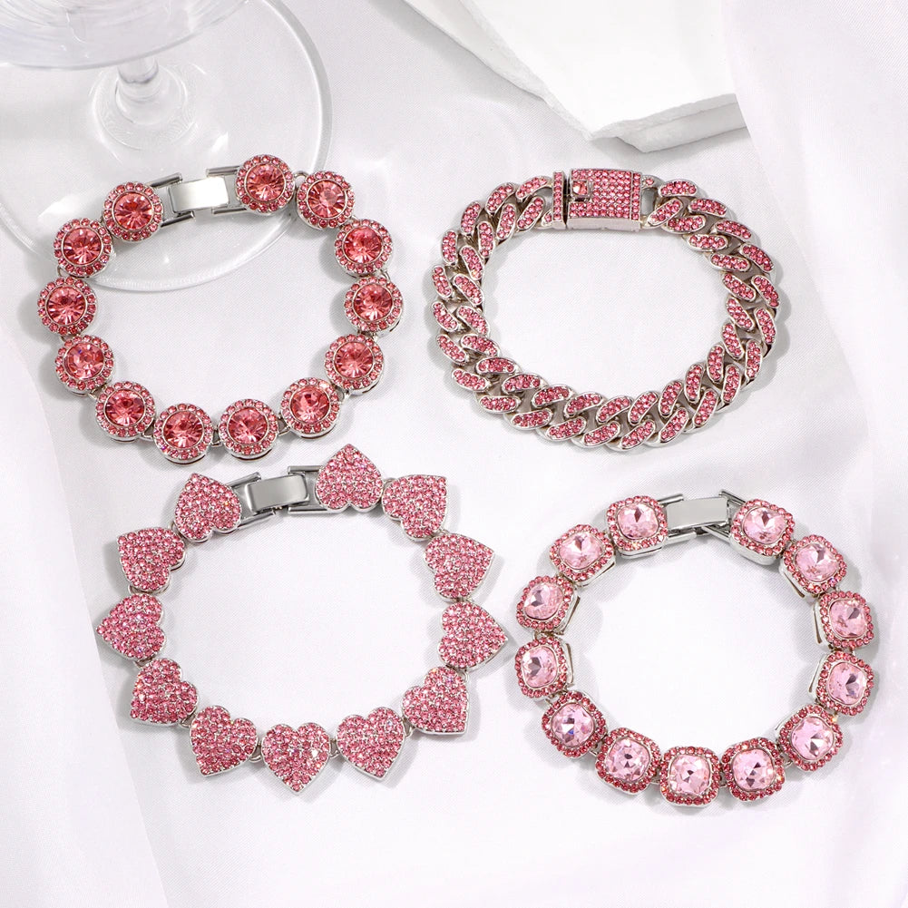 Iced Out Pink Cuban Bracelet for Women Hip Hop Gold Silver Color Crystal Heart Circle Square Bracelet 4Pcs Set Jewelry Gift