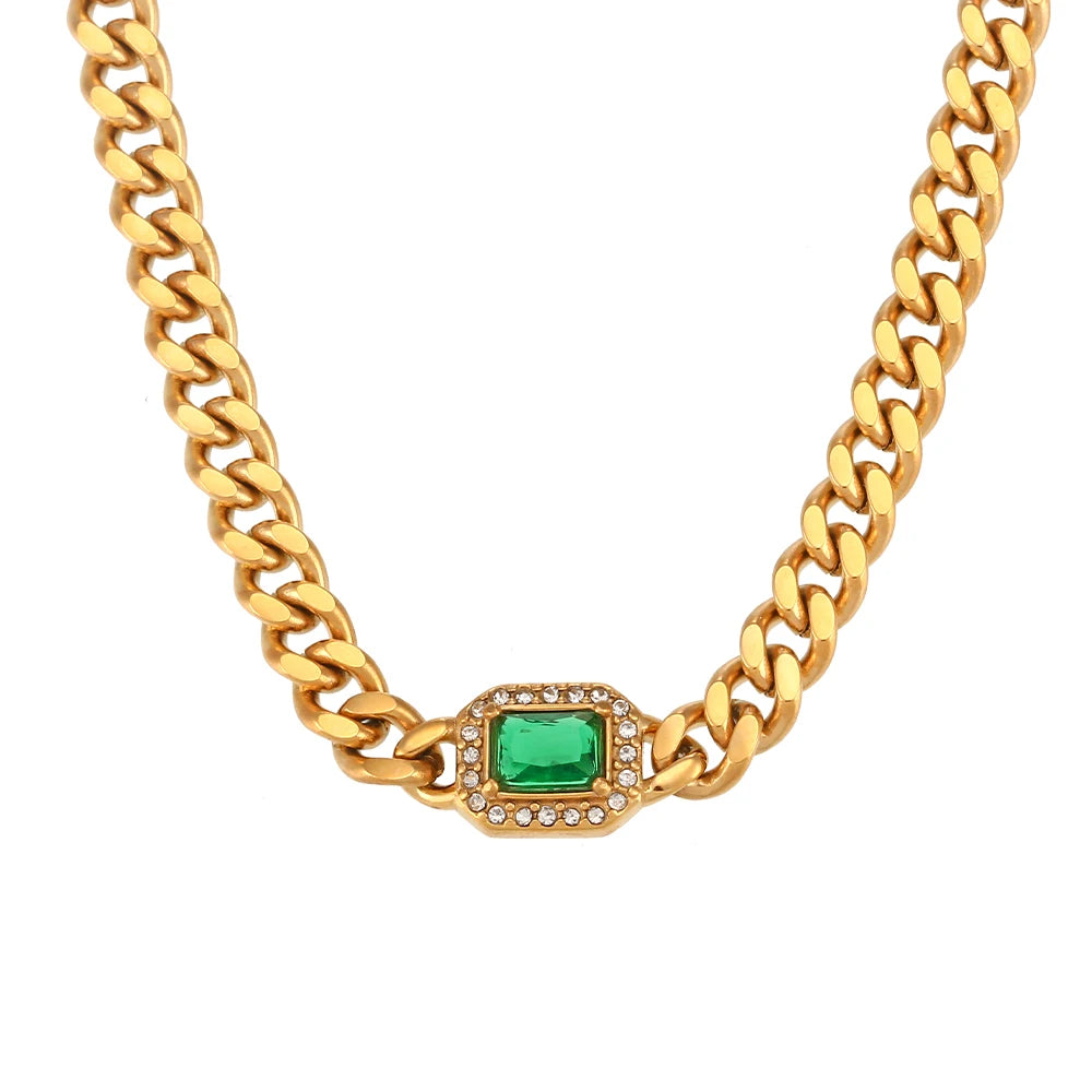 Maribel Cubic Zirconia Chunky Cuban Chain Necklace & Bracelet Jewelry For Women Stainless Steel Accessories