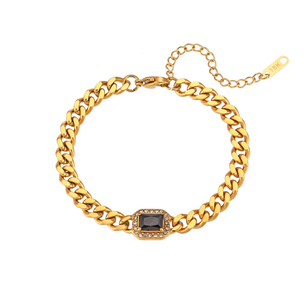 Maribel Cubic Zirconia Chunky Cuban Chain Necklace & Bracelet Jewelry For Women Stainless Steel Accessories