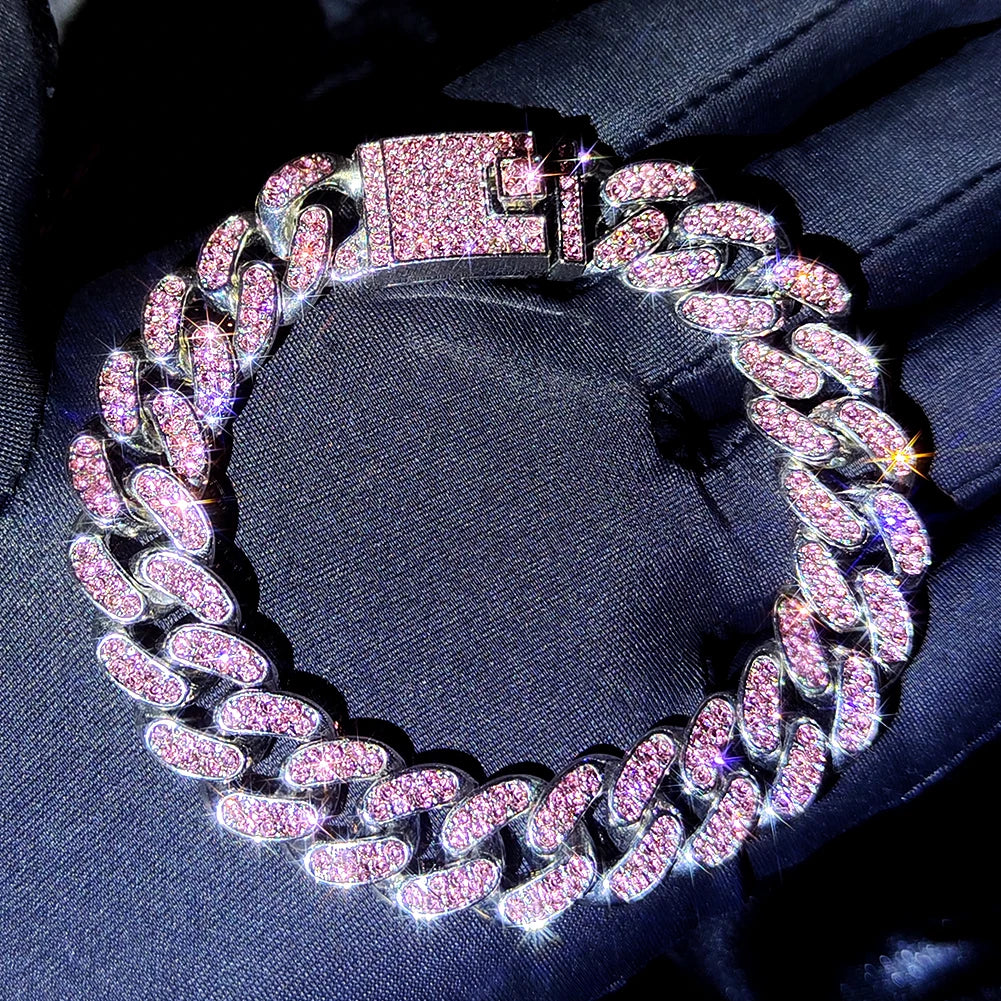 Iced Out Pink Cuban Bracelet for Women Hip Hop Gold Silver Color Crystal Heart Circle Square Bracelet 4Pcs Set Jewelry Gift