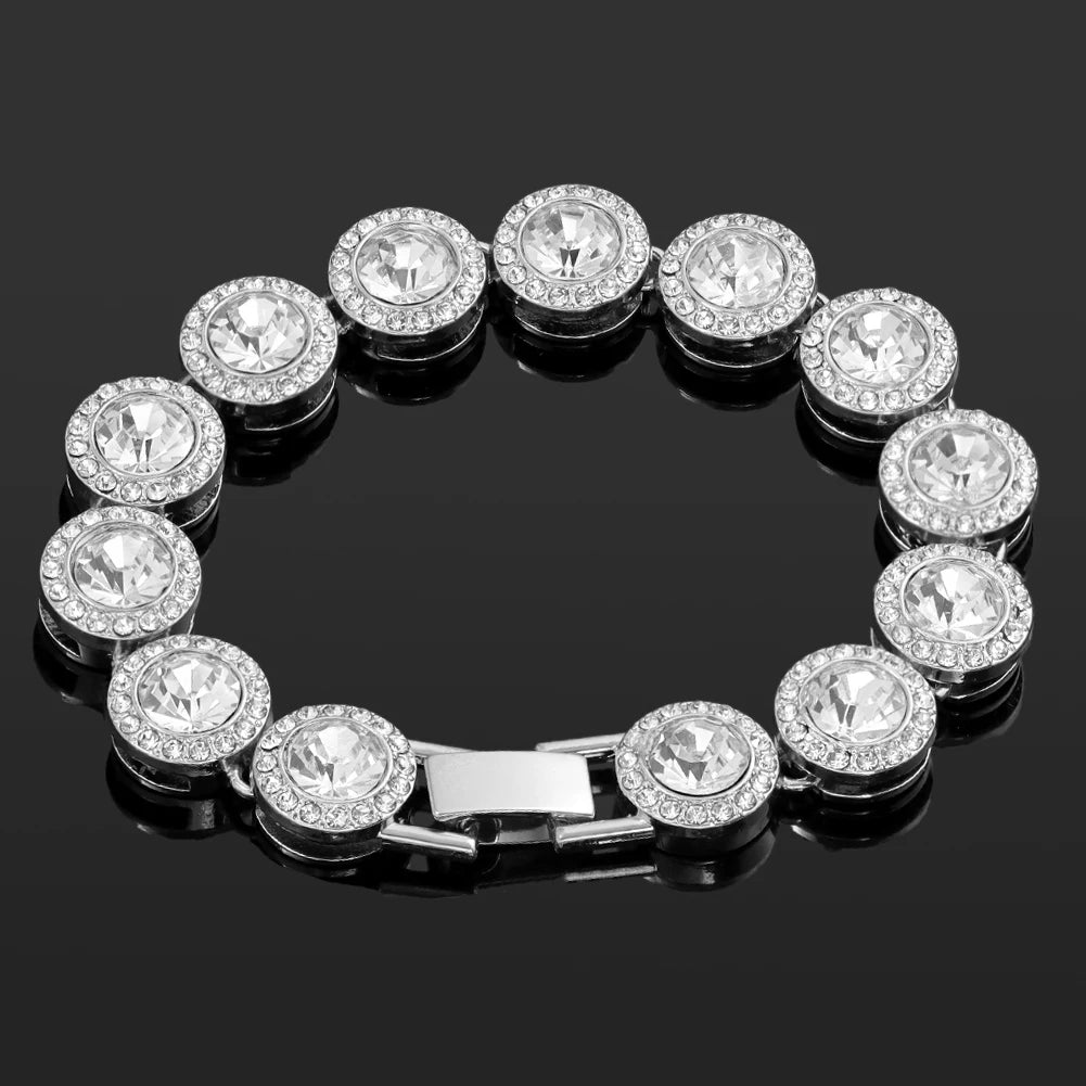 Iced Out Pink Cuban Bracelet for Women Hip Hop Gold Silver Color Crystal Heart Circle Square Bracelet 4Pcs Set Jewelry Gift