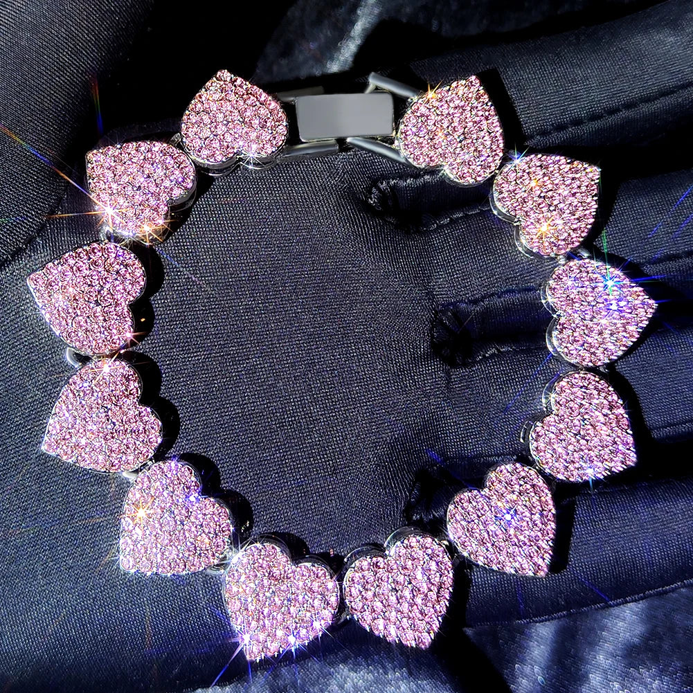 Iced Out Pink Cuban Bracelet for Women Hip Hop Gold Silver Color Crystal Heart Circle Square Bracelet 4Pcs Set Jewelry Gift