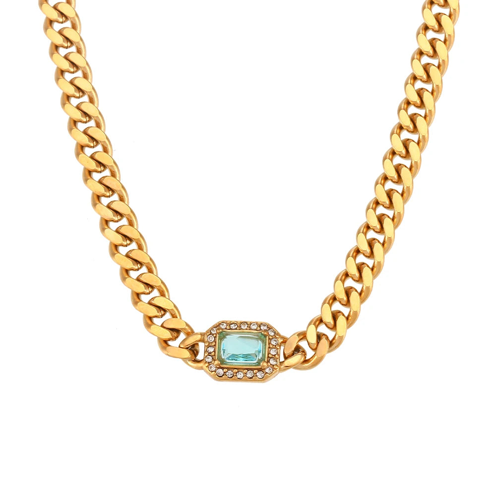 Maribel Cubic Zirconia Chunky Cuban Chain Necklace & Bracelet Jewelry For Women Stainless Steel Accessories