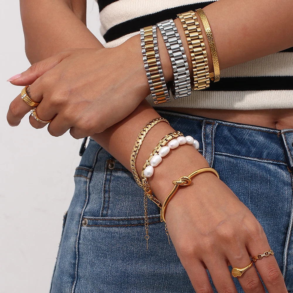 Kaia Stainless Steel Assorted Variety Collection Gold Plated Pearl Chain Cuff Bangle Bracelets Jewelry For Women