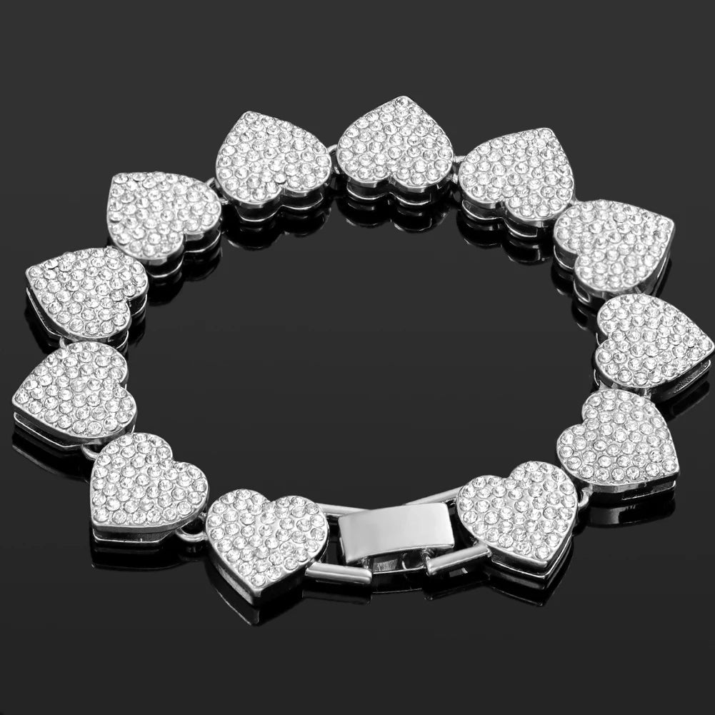 Iced Out Pink Cuban Bracelet for Women Hip Hop Gold Silver Color Crystal Heart Circle Square Bracelet 4Pcs Set Jewelry Gift
